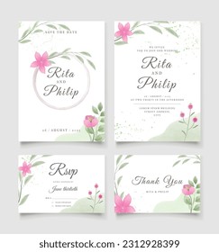 Set of watercolor wedding invitation templates with flowers and leaves. Vector illustration.