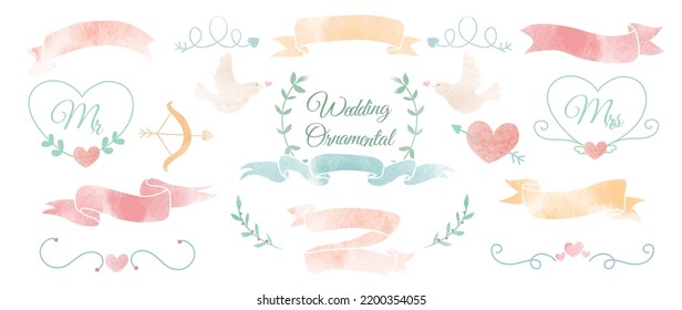 Set of watercolor wedding ornament vector. Romantic collection of ornamental, wreath, leaf branch, ribbon, arrow, banner, bow, heart, fonts. Marriage element design for invitation, card, prints.