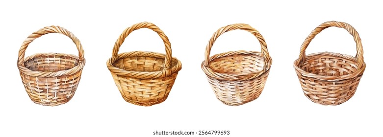 Set of watercolor wicker baskets png. Element for picnic, Easter, eco-friendly carrying, etc. Rural eco-friendly baskets with eco materials. Vector illustration.