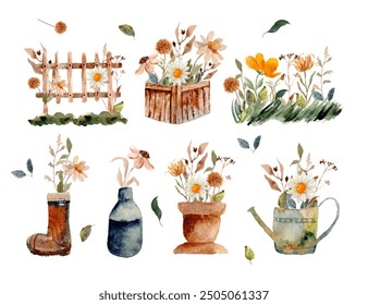 set of watercolor wild flower bouquet in the garden