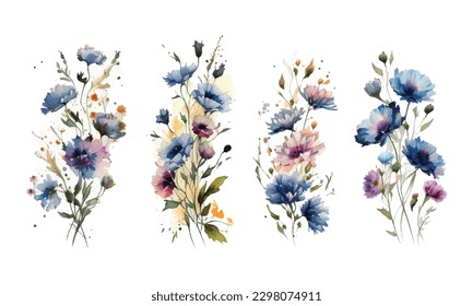 Set watercolor wild flowers, leaves and grass. Collection botanic garden elements. Vector isolated illustration in vintage style