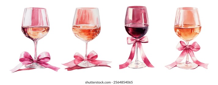 Set of watercolor wine glasses. Glass glasses with red and white wine, decorated with a bow of pink satin ribbon in watercolor. Vector illustration