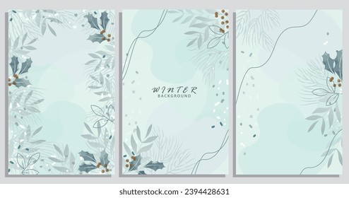 Set of watercolor winter background design, Flower and botanical leaves watercolor hand drawing. Abstract art wallpaper design for wall arts, wedding and greetings card.