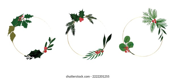 Set of watercolor winter floral circle frame vector. Elements of christmas botanical holly, leaves, pine, berry, circle frame on white background. Design for wallpaper, banner, invitation, greeting.