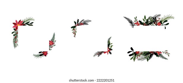 Set von Aquarellfarben Winter floralen Rahmen Vektorgrafik. Elemente der botanischen Weihnachtsblume, der Heiligen, der Blätter, der Kiefer, der Beere, des quadratischen Rahmens auf weißem Hintergrund. Design für Tapete, Banner, Einladung, Gruß.