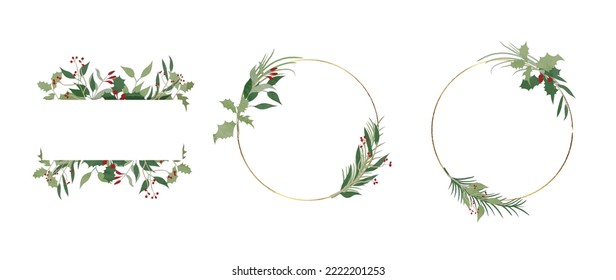 Set watercolor winter floral frame vector  Elements christmas botanical holly  leaves  pine  berry  circle  square frame white background  Design for wallpaper  banner  invitation  greeting 