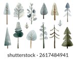 Set of watercolor winter trees. Cute fairy snowy trees. Wintertime nature. Hand drawn childlike illustration. Pines, firs
