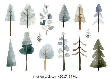 Set of watercolor winter trees. Cute fairy snowy trees. Wintertime nature. Hand drawn childlike illustration. Pines, firs