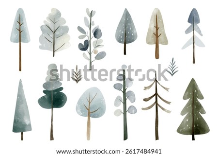 Set of watercolor winter trees. Cute fairy snowy trees. Wintertime nature. Hand drawn childlike illustration. Pines, firs