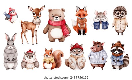 Set of watercolor woodland animals in winter clothes. Autumnal animals. Bear, fox, boar, deer, squirrel, owl, hare, hedgehog.