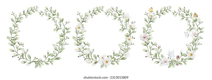 Set of watercolor wreaths with flowers leaves and butterflies. Collection botanical vector isolated on white background suitable for Wedding Invitation, save the date, thank you, or greeting card.