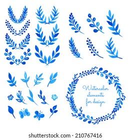 Set of watercolor wreaths, laurels, branches, leaves. Hand painted elements for design. Aquarelle frame. Vector templates.