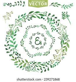 Set of watercolor wreaths,green branches,leaves and laurels.Hand painted petal decor elements.For design template,invitation.Watercolor Hand sketched brushes. Nature,organic items.Vector.Easy to edit