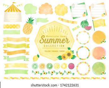 Set of watercolored seasonal summer frames / Sunflower , Pineapples, Lemmon / for Labels, Badges, Icons, Banners etc.  