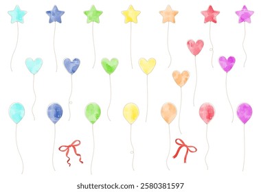 A set of watercolor-style balloon illustrations (circle, star, heart)
