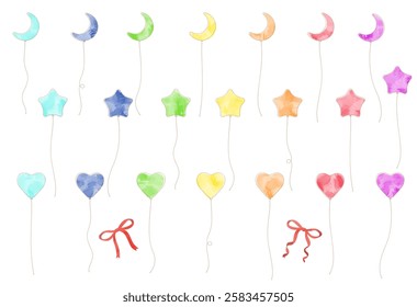 A set of watercolor-style balloon illustrations (moon, star, heart)
