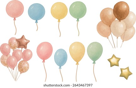 A set of watercolor-style balloon illustrations in soft pastel tones.
Includes classic balloons, star-shaped balloons, glitter balloons, and grouped party decorations.
