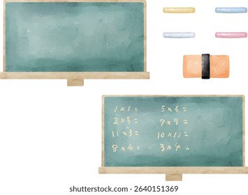 Set of watercolor-style blackboard, chalk, and eraser