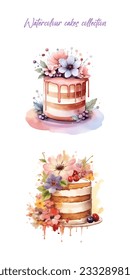 Set of watercolour cakes isolated. Cake shop, coffee shop menu, cafe poster. Logo for bakery