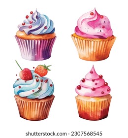 A set of watercolour cupcakes on white background