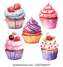 A set of watercolour cupcakes on white background