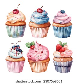 A set of watercolour cupcakes on white background