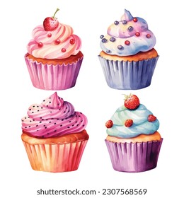 A set of watercolour cupcakes on white background