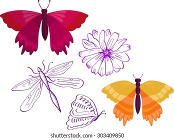 A set of watercolour drawings: butterflies, a dragonfly and a flower, scalable vector graphic