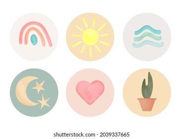 Set of watercolour hand drawn illustrations. Bundle of highlights for social media.