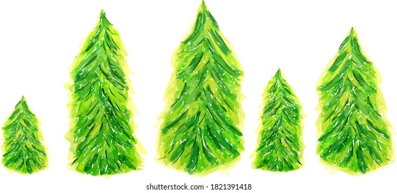 Conjunto de acuarelas dibujadas a mano de diferentes formas y tamaños. Árboles claros y verdes. Ilustración. Aislado sobre fondo blanco.