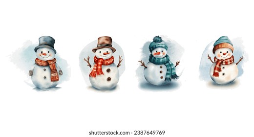 Set of watercolour snowmen isolated with watercolour background . New year party decor, Christmas decorations