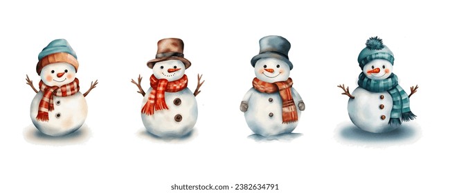 Set of watercolour snowmen isolated. New year party decor, Christmas decorations