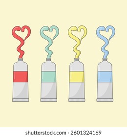 A set of watercolour tubes in red, green, yellow and blue colours. Art tools flat design vector illustration.