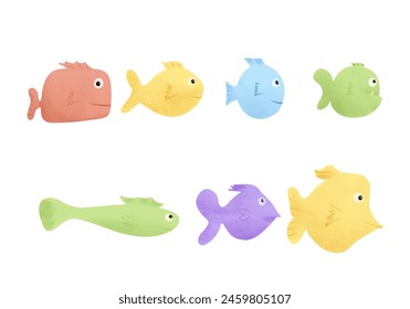 Set of watercolour vector illustration of a fish in childish style.