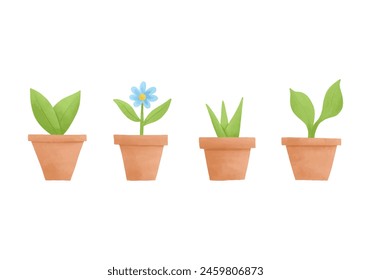 Set of watercolour vector illustrations of plants in a pots.