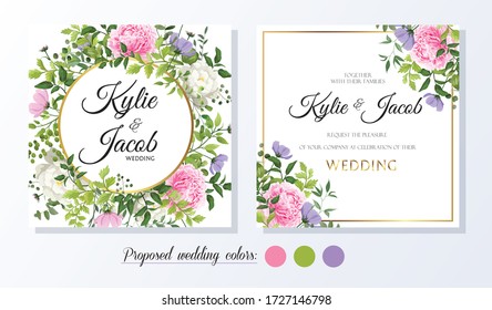 Set watercolour wedding vector template with flower, leaves, gold and line decoration. Floral invitation card. Wild flowers and peony and rose flower. Beautiful greenery plants
