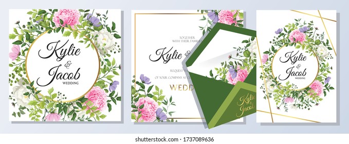 Set watercolour wedding vector template with flower, leaves, gold and line decoration. Floral invitation card. Wild flowers and peony and rose flower. Beautiful greenery plants
