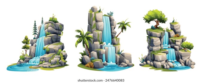 Set of waterfall cascade. Vector cartoon illustration isolated on white background