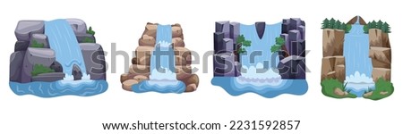 Set of Waterfall Cascades, Beautiful River Jets Isolated On White Background. Nature Landscape Elements with Green Grass. Natural Water Streams Falling from Mountain Cliff. Cartoon Vector Illustration