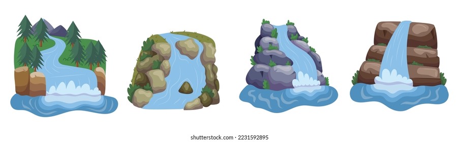 Set of Waterfall Cascades Fall From Cliff into Water Pond Isolated on White Background. Picturesque Clear Jets with Rocks, Trees and Vegetation, River Streams. Cartoon Vector Illustration