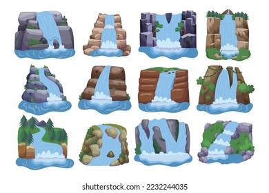 Set of Waterfall Cascades, Natural Water Streams Falling from Mountain Cliff. Beautiful River Jets Isolated On White Background. Nature Landscape Elements with Green Grass. Cartoon Vector Illustration