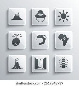 Set Waterfall, Centipede insect, Map of Africa, Snake, Volcano eruption, Lemon, Tree stump and Sun icon. Vector