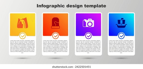 Set Waterfall, Christmas mittens, Photo camera and Viking ship Drakkar. Business infographic template. Vector