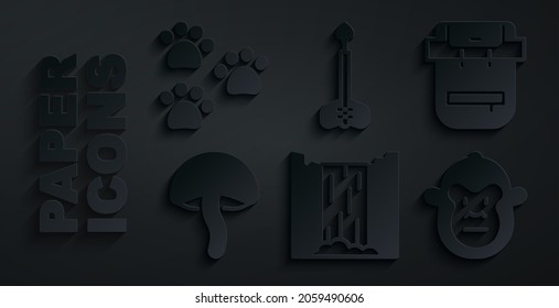 Set Waterfall, Hiking backpack, Mushroom, Monkey, Arrow and Paw print icon. Vector