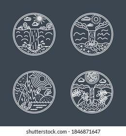 Set of Waterfall linear labels. Logotype templates and badges with mountains, waterfall, cloud, trees, water, sun. National parks and nature exploration symbols