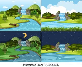 Set of waterfall night and day scenes illustration