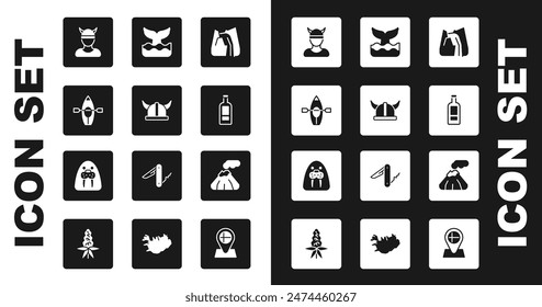 Set Waterfall, Viking in horned helmet, Kayak and paddle, head, Bottle of vodka, Whale tail, Volcano and Walrus animal icon. Vector