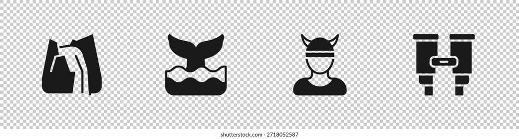 Conjunto Cascada, cola de ballena, cabeza vikinga e icono de binoculares. Vector