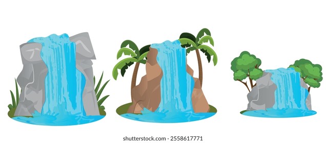 set of waterfalls with different climates and vegetation. vector illustration.