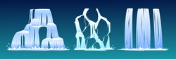 Set Of Waterfalls Isolated On Blue Background. Vector Nature Fluid Splash And Drop. Falling River Water Or Mountain Fall, Cascade Aqua Stream. Nature And Flow Landscape. Realistic Hill Fountain Scene.